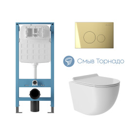 AQD комплект: TEC Novo Инсталляция, CIR Novo Панель, шлиф.зол., OVO Tornado S Унитаз Tor, белый гл., , шт